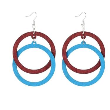 Imagem de Brincos Boho para mulheres, brincos de madeira, brincos de círculo duplo, vintage, brincos geométricos, joias presentes para meninas, Adjustable, Latão, Sem pedra preciosa