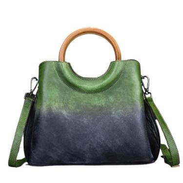 Imagem de Transversal Bolsa transversal feminina de couro curtido vegetal – Bolsa portátil com bloco colorido retrô, estilo vintage(Green)