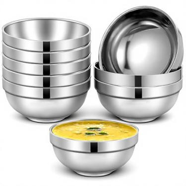 Imagem de Hpmjz Pacote com 10 tigelas de aço inoxidável de 680 g, tigela de sopa de parede dupla tigela de lanche de metal com isolamento para sopa, sorvete, tigelas de nidificação, pratos de servir para servir