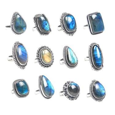 Imagem de KIRTI GEMS Anéis de labradorita naturais variados com revestimento de latão e prata, tamanhos 6-10, pedra preciosa, Labradorite