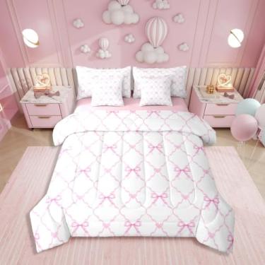 Imagem de Conjunto de cama solteiro com laço de fita rosa, 7 peças, cama com laço kawaii, fantasia kawaii, coração, aquarela inclui edredom, conjunto de lençol, fronhas e fronhas, decoração de quarto estilo