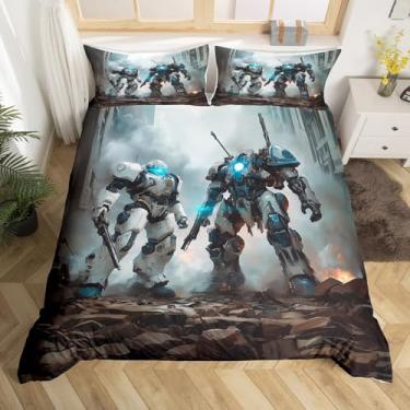 Imagem de Homewish Conjunto de capa de edredom de robôs tamanho casal, jogo de cama de soldado robô 3 peças para decoração de quarto de crianças, meninas, meninos, adultos, capa de edredom de videogame, capa de