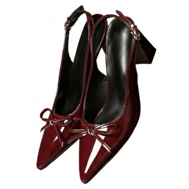 Imagem de MakeMeChic Sandália feminina de couro PU com nó de laço e salto com fivela e bico fino, Borgonha A, 35
