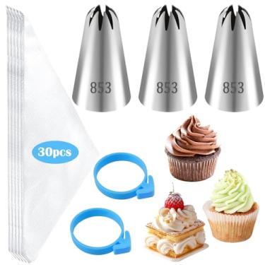 Imagem de LLMSIX Conjunto de sacos de confeitar e pontas, 3 peças de ponta de cobertura 853 com 30 sacos de confeitaria descartáveis, pontas de gelo de estrela de aço inoxidável para bolos, conchas, estrelas