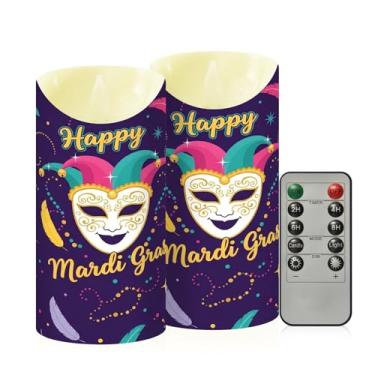 Imagem de Wassud Pacote com 2 velas Happy Mardi Gras sem chama com controle remoto, velas realistas cintilantes com temporizador, velas decorativas para Natal, casamento, festa, decoração de casa média
