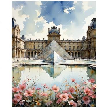 Imagem de Kit de pintura por números de jardim do Louvre para adultos - pirâmide de vidro DIY com pintura de flores desabrochando em tela 40,6 x 50 cm, conjunto de tinta acrílica, adequado para iniciantes, arte