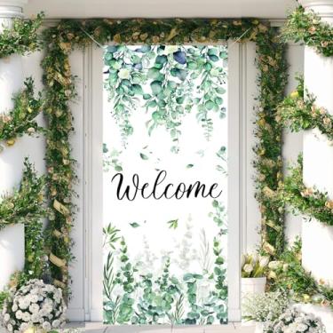 Imagem de Bem-vindo aos cabides de porta primavera e verão, design floral de folhas de eucalipto aquarela, fundo branco com tema botânico verde