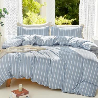 Imagem de DONEUS Conjunto de capa de edredom listrado, tamanho Queen, 100% algodão lavado, 3 peças, super macio, respirável, confortável, natural, linho, texturizado, com fecho de zíper (listras largas azuis e