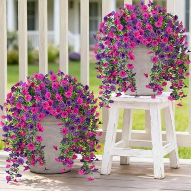 Imagem de Flores artificiais de petúnias para uso ao ar livre, 4 peças de plantas falsas, videira longa, eucalipto, glória matinal, resistente a UV, realista, vegetação interna, externa, pátio, varanda, jardim