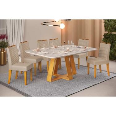 Imagem de Conjunto: Mesa de Cozinha Celeste c/ Tampo Madeirado Retangular 170x90cm e 6 Cadeiras Julia Cedro/Quartzo - Suede Kraft - DJ Móveis