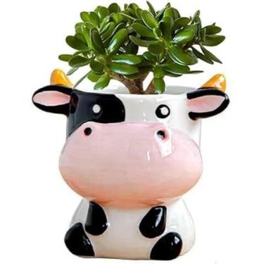 Imagem de WENDIN Lindo vaso de cerâmica para suculentas, pequeno vaso interno em forma de animal, lindos vasos de flores de cacto com drenagem para mesa de escritório e decoração de jardim doméstico (vaca)