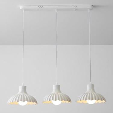 Imagem de Lustre moderno branco com 3 lâmpadas E27, luminária pendente tripla em cerâmica plissada, luminária pendente simples para ambientes internos, ideal para sala de jantar, escritório e ilha de