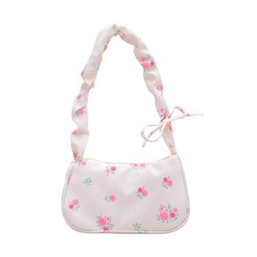 Imagem de Bolsa de ombro feminina delicada com cordão e alças ajustáveis, bolsa transversal pequena de lona floral, Branco, Casual
