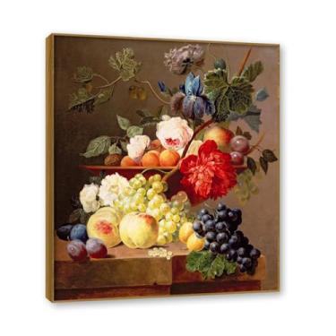 Imagem de NHLDZYH Moldura de teca. Tela de frutas botânicas vintage, impressão de estilo de pintura a óleo vintage, decoração de jantar country de fazenda, pronta para pendurar. D04. 50 x 60 cm.