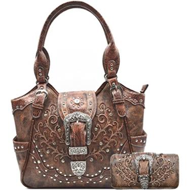 Imagem de Bolsa feminina estilo ocidental de couro trabalhado floral com strass com fivela, bolsa de mão country bolsa de ombro conjunto carteira marrom