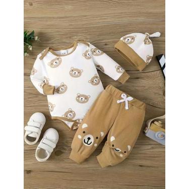 Imagem de Conjunto De Três Peças Com Estampa De Urso Para Bebês Meninos, Macacão