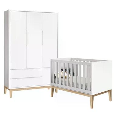 Imagem de Jogo De Quarto Classic Guarda Roupa 3 Portas E Berço Branco Fosco Com Pés Madeira Natural - Reller Móveis Branco Fosco