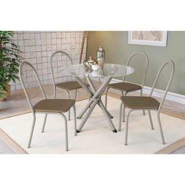Imagem de Conjunto: Mesa Sala Jantar Volga C- Tampo De Vidro 95cm E 4 Cadeiras Noruega Niquel - Courano Capuccino - Kappesberg