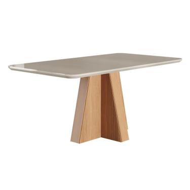 Imagem de Mesa Multiuso Cozinha Cimol MaitÃª c/ Tampo Madeirado c/ Vidro Canto Curvo 160cm Cinamo...