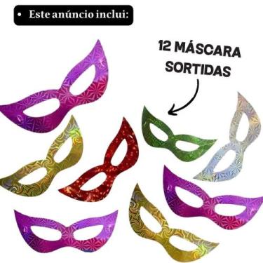 Imagem de Kit 12 Máscaras Holográficas Carnaval Decoração Fantasia Cor:Sortido -