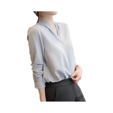 Imagem de Blusa Feminina Branca De Manga Longa Com Decote V Profundo Estilo Core