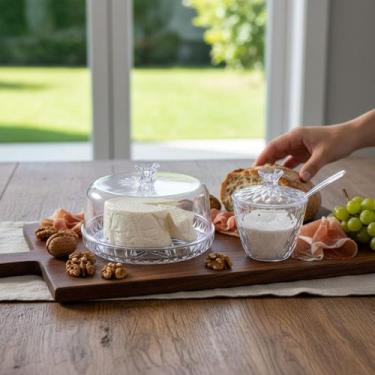 Imagem de Kit Queijeira Açucareiro Acrílico Mesa Posta Glamour Com Tampa Colher 