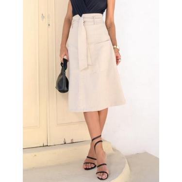 Imagem de Saia Midi de Linho com Modelagem Evasê e Bolsos Estilosos - Lumia, Beg