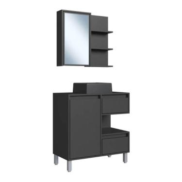 Imagem de Gabinete 80cm Paula Grafite com Espelheira Porta Cuba Preta Em Mármore Sintético De Banheiro