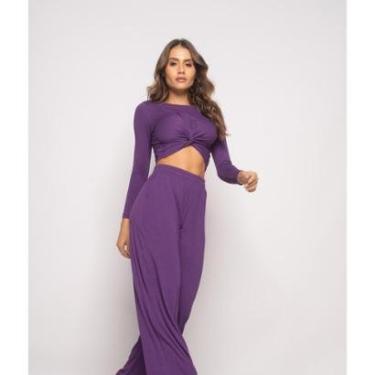 Imagem de Conjunto Salvatore Fashion Cropped Nó Wide Leg Manga Longa Malha Feminino-Feminino
