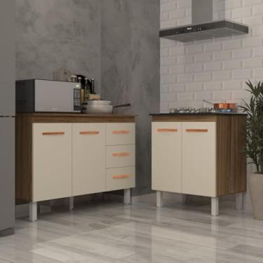 Imagem de Mobília Decor, Balcão Para Cooktop 4 Bocas Fran e Armário Bruna 118 cm Cozinha Gabinete Savana Off White com Tampo Tampão Savana