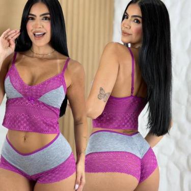 Imagem de Conjunto Cropped Renda Sem Bojo Calcinha Caleçon Lingerie Feminina Con