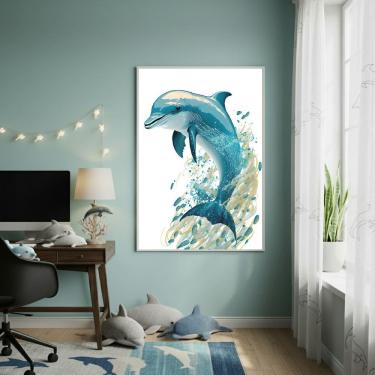 Imagem de Quadro Decor Golfinho Azul Aquarela 70x50cm Mold Preta