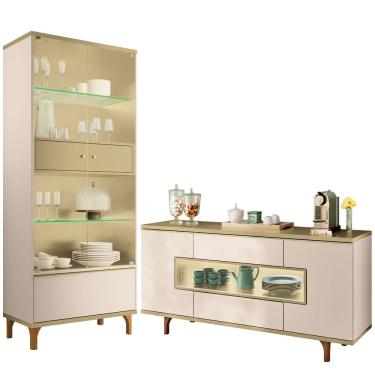 Imagem de Kit Aparador Buffet Lizzano e Cristaleira Com LED Para Sala De Jantar Lúmen B01 Off Whi...