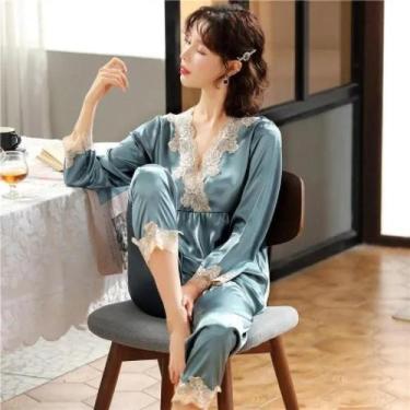 Imagem de Conjunto De Pijama Feminino Verde De Manga Longa Com Renda E Seda Sint