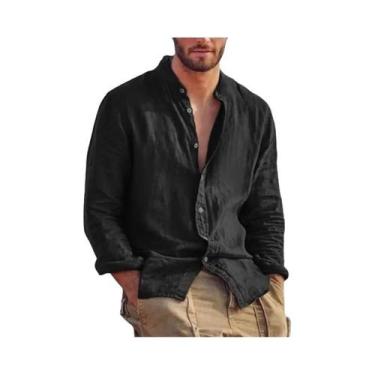 Imagem de Camisa Masculina De Linho De Manga Longa, Cor Sólida, Casual, Leve, Re