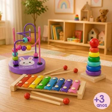 Imagem de Kit Brinquedos Educativos Madeira Autismo TDAH Pedagógico Xilofone Mus
