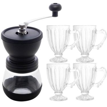 Imagem de Conjunto Moedor Manual de Café e 4 Xícaras de Café Curto Expresso 100ml Cristal Lyor