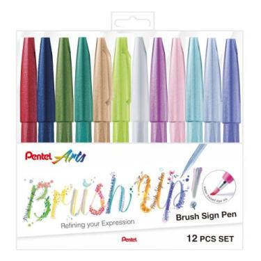 Imagem de Kit Estojo Caneta Brush Sign Pen 12 Cores Marcador Artístico Brush Up 