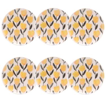 Imagem de Conjunto de Pratos de Sobremesa 6 Peças Encanto Cerâmica Estampa Floral Branco Amarelo e Verde Oxford