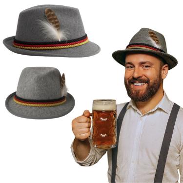 Imagem de Chapéu Alemão Oktoberfest de Feltro Cinza com Pena Pluma 57CM Extra Festas