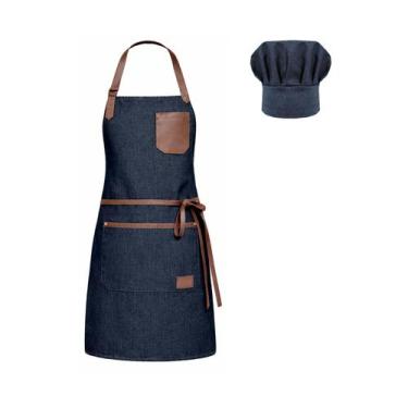 Imagem de Avental Jeans Couro e Chapeu de Cozinheiro Chef de Cozinha - CASA CHA