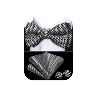 Imagem de Conjunto de gravata borboleta masculina de seda xadrez cinza preta Bar