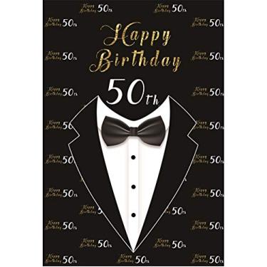 Imagem de Yeele 20,32 x 25,4 cm Vinil Happy 50th Birthday Party pano de fundo para fotografia Cavalheiro Tuxedo Roupas Gravata terno Laço Vestido de fundo Bandeira Decoração Pai Homem Foto Cabine Adereços de estúdio