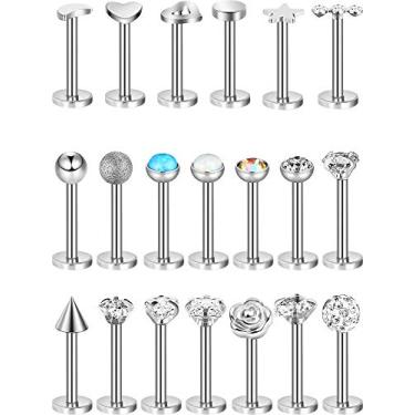 Imagem de 20 peças de joias de piercing corporal barras tragus pinos de nariz labret barras de cristal estilo bola, 20 estilos, calibre 16, Aço inoxidável
