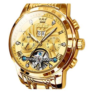 Imagem de Relógio de pulso masculino OLEVS esqueleto, automático, 5 ponteiros, mecânico, clássico, vários calendários, de aço inoxidável, à prova d'água, Dourado