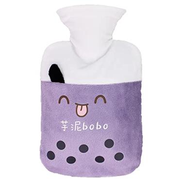 Imagem de Garrafa de água quente de PVC, bolsa térmica reutilizável e livre de BPA com capa de pelúcia macia para compressa de calor aquecedor de cama e aquecedores de pés almofada de alívio de terapia, roxo 2.350 ml