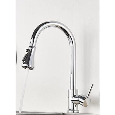 Imagem de Torneira de cozinha de níquel escovado com furo único, bico removível para pia de cozinha, torneira misturadora, cabeça de pulverização, torneira misturadora cromada/preta, cromada C