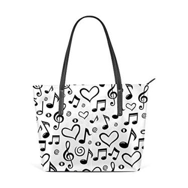 Imagem de Bolsa de ombro feminina sacola de couro para compras grande trabalho preto notas musicais bolsa casual