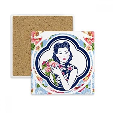 Imagem de Porta-copos quadrado de beleza com flores da cultura chinesa