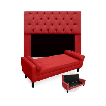 Imagem de Conjunto Cabeceira Mirage Com Recamier Baú Fenix King 195 cm Suede Vermelho - LM DECOR